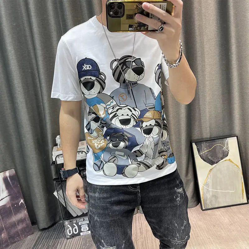 Man Tee Shirts Print 100℅ Cotton T Shirt for Men Katoen Grey Streetwear Casual Cheap Clothes Kpop Korean Clothing Basic Cool Top
