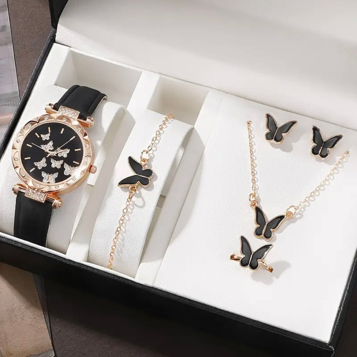 Elegant 6pcs/Set Women's Butterfly Watch & Jewelry - Luxe Rhinestone Embedded (NO BOX)