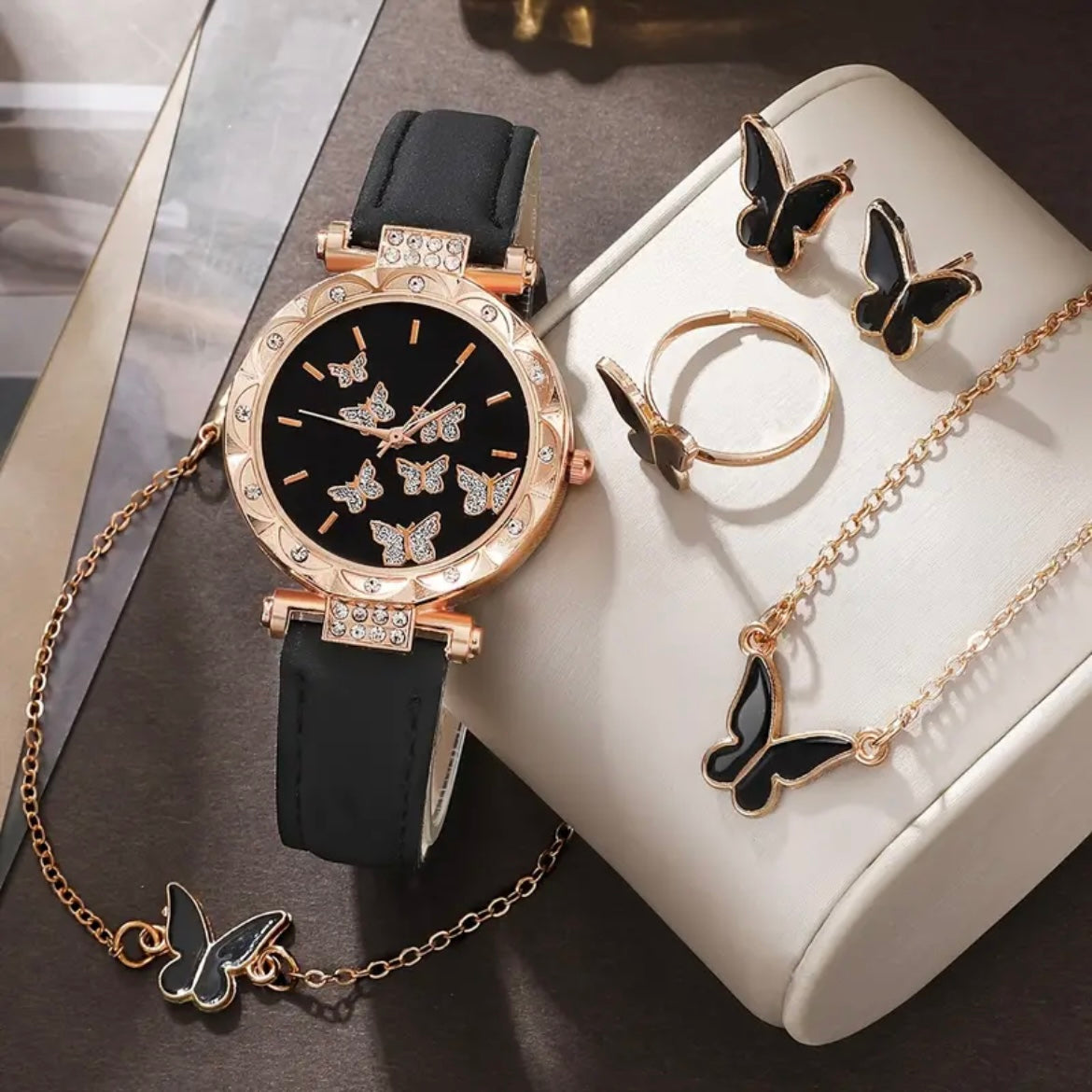 Elegant 6pcs/Set Women's Butterfly Watch & Jewelry - Luxe Rhinestone Embedded (NO BOX)