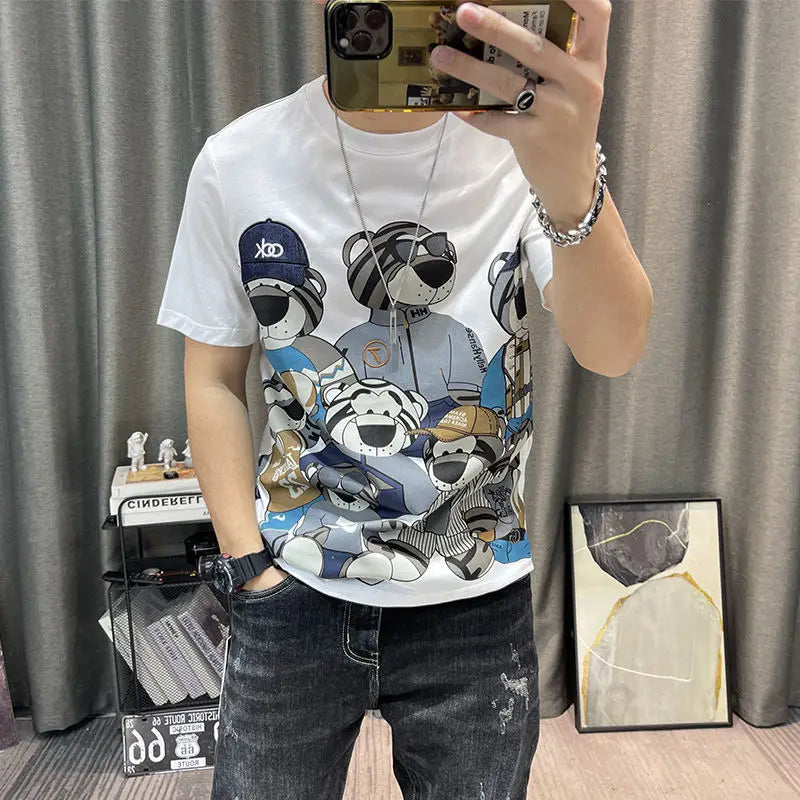Man Tee Shirts Print 100℅ Cotton T Shirt for Men Katoen Grey Streetwear Casual Cheap Clothes Kpop Korean Clothing Basic Cool Top