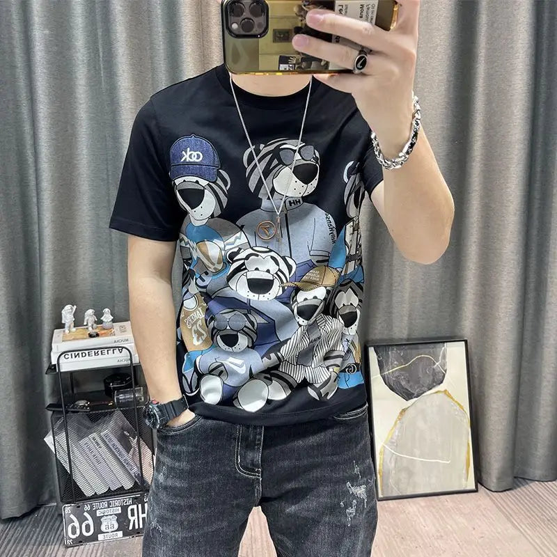 Man Tee Shirts Print 100℅ Cotton T Shirt for Men Katoen Grey Streetwear Casual Cheap Clothes Kpop Korean Clothing Basic Cool Top