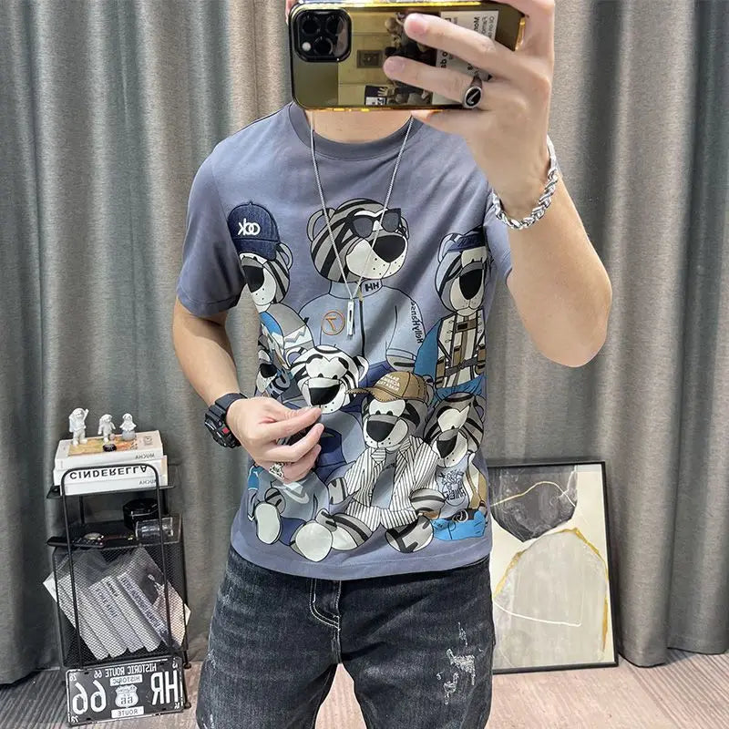 Man Tee Shirts Print 100℅ Cotton T Shirt for Men Katoen Grey Streetwear Casual Cheap Clothes Kpop Korean Clothing Basic Cool Top