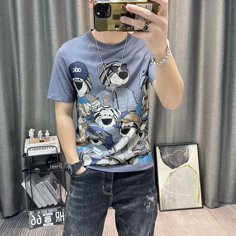 Man Tee Shirts Print 100℅ Cotton T Shirt for Men Katoen Grey Streetwear Casual Cheap Clothes Kpop Korean Clothing Basic Cool Top